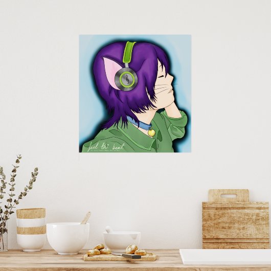 Poster Fille Chat Flambée Violette Avec Casque (Cuisine)