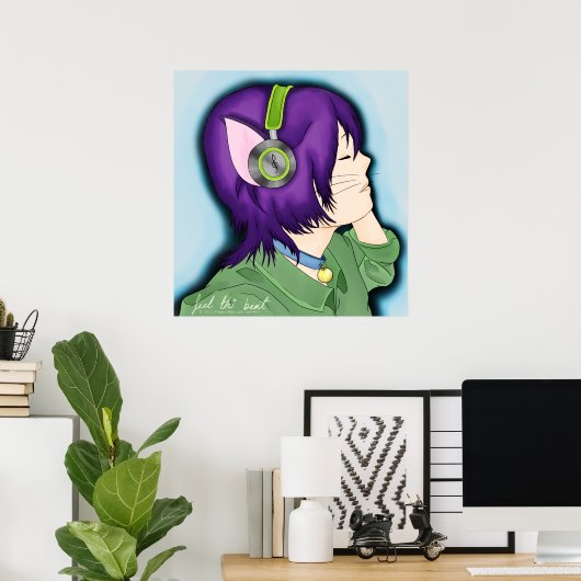 Poster Fille Chat Flambée Violette Avec Casque (Bureau à domicile)