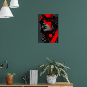 Poster Fille Cyberpunk Dystopique Rebelle Cible Rouge