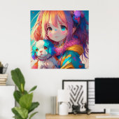Poster Fille d'anime avec chiot (Bureau à domicile)