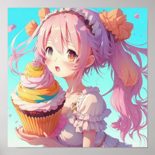 Poster Fille d'anime avec cupcake fantaisiste (Devant)
