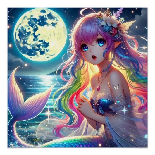 Poster Fille d'anime chantant clair de lune pixie mermaid (Devant)