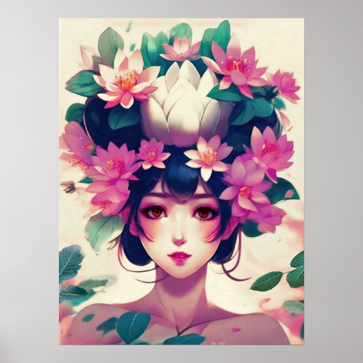 Poster Fille d'anime couronnée de fleurs de lotus (Devant)