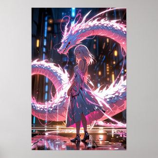 Poster Fille d'anime Cyberpunk Dragon Néon Art Fantastiqu