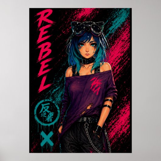 Poster Fille d'anime Cyberpunk Néon Noir (Devant)