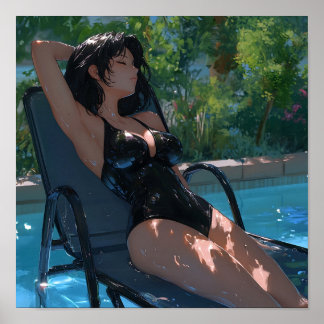 Poster Fille d'anime ensoleillée en maillot de bain noir