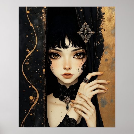 Poster Fille d'anime gothique noir et or (Devant)