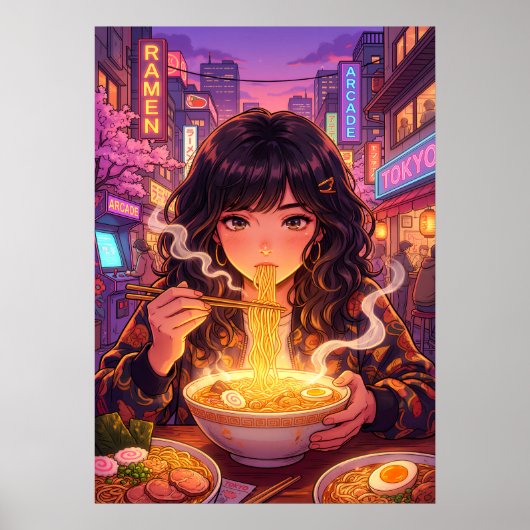 Poster Fille d'anime mangeant du Ramen dans la rue de la (Devant)