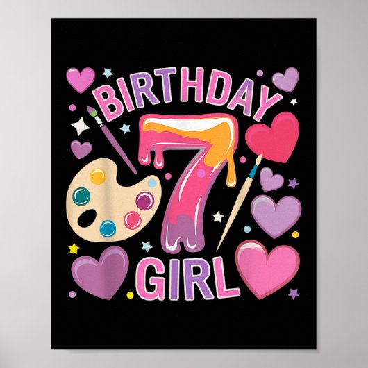 Poster Fille d'anniversaire 7 ans Vieux Art Painting Part (Devant)