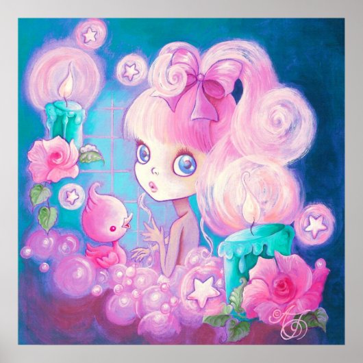 Poster Fille dans Bain de Bubblebath avec bougies et Rose (Devant)