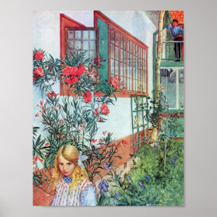 Poster Fille dans le jardin avec des fleurs rouges