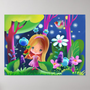 Poster fille dans une forêt magique avec des fleurs et un
