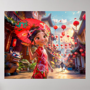 Poster Fille de bande dessinée avec parasol dans une scèn