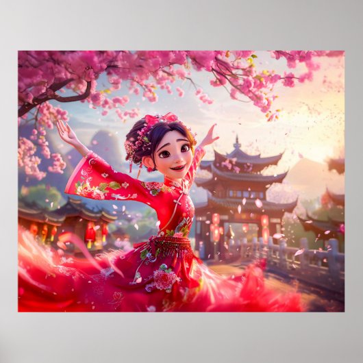 Poster Fille de bande dessinée dansant avec des fleurs de (Devant)
