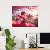 Poster Fille de bande dessinée dansant avec des fleurs de (Bureau à domicile)