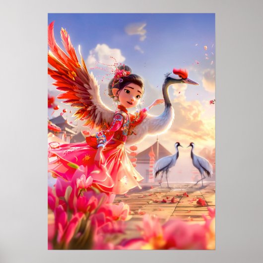 Poster Fille de bande dessinée dansant avec une grue dans (Devant)