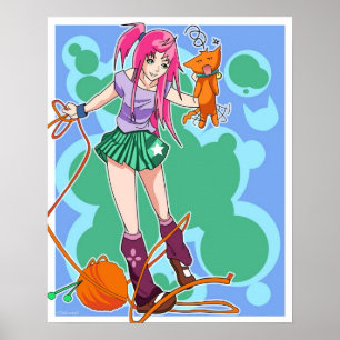 Poster Fille de chat d'Anime et chat avec la boule de fil