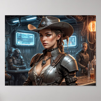 Poster Fille de cow-boy de l'espace avec armure cybernéti
