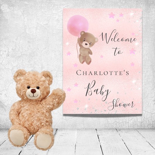 Poster Fille de douche bébé ours en peluche rose argent b