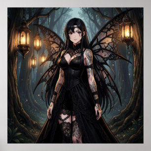 Poster Fille de fée d'anime gothique dans une forêt encha