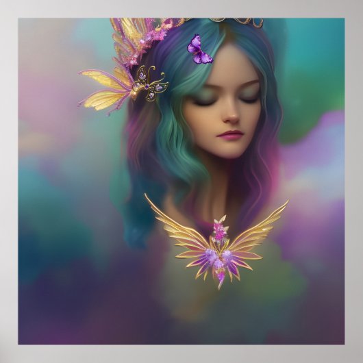 Poster Fille de fée douce fantasy violet sarcelle rose Ai (Devant)