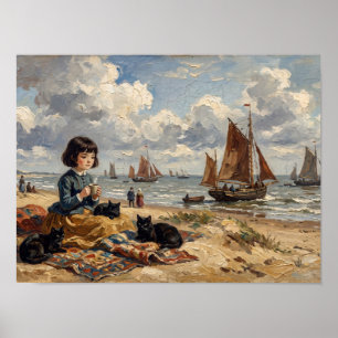 Poster Fille de la plage avec peinture de chats noirs