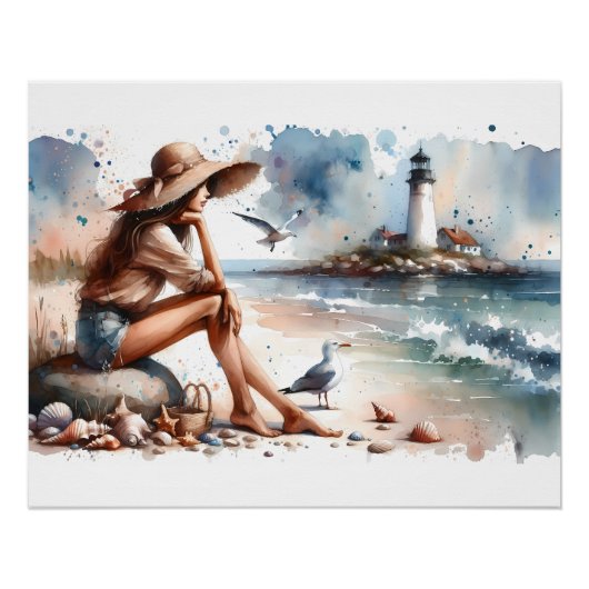 Poster Fille de la plage côtière et phare (Devant)