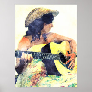 Poster Fille de pays avec la couleur d'eau de guitare