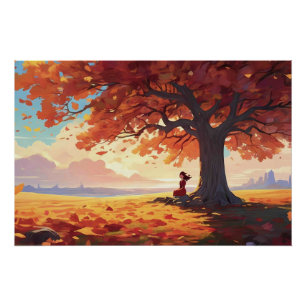 Poster Fille de prière d'arbre d'automne