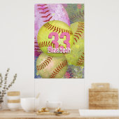 Poster Fille de softball grungy jaune rose (Cuisine)