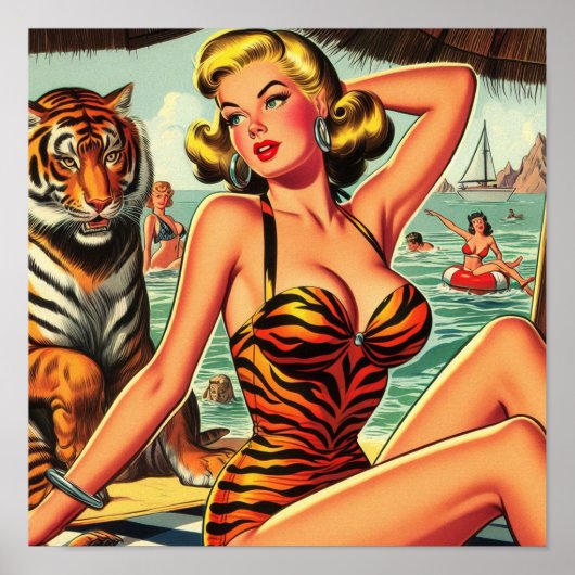 Poster Fille d'impression vintage de tigre (Devant)