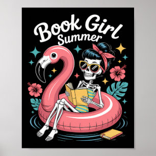 Poster Fille drôle de livre d'été squelette de lecture de