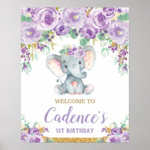 Poster Fille du 1er anniversaire éléphant floral violet b