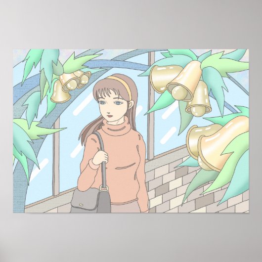 Poster Fille écoutant le son des cloches. (Devant)