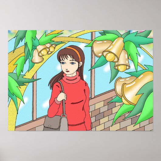 Poster Fille écoutant le son des cloches. (Devant)
