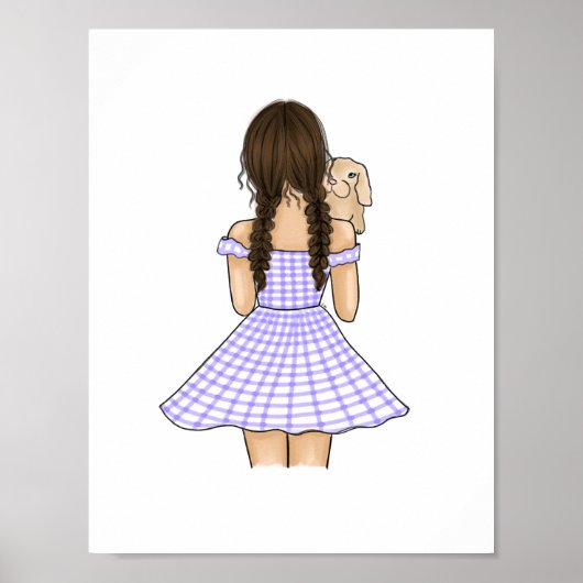 Poster Fille en carreaux gingham violet portant un lapin  (Devant)
