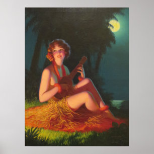 Poster Fille en clair de lune avec Banjo Ukelele