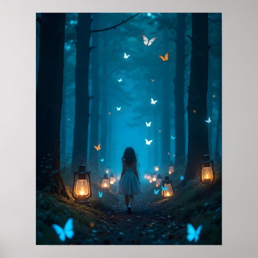 Poster Fille en forêt enchantée avec papillons brillants (Devant)