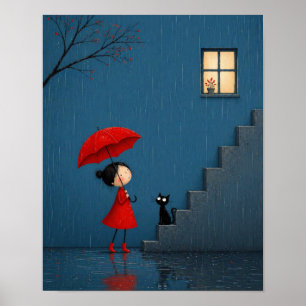Poster Fille en rouge attendant près de l'escalier pluvie