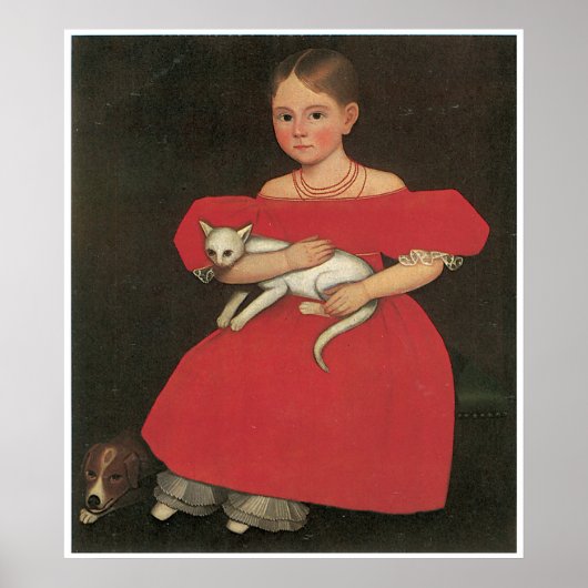 Poster Fille en rouge avec son chat et son chien c. 1834- (Devant)