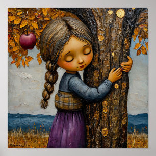 Poster Fille enlacant un pommier Nature romantique