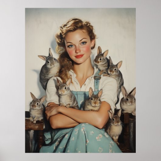 Poster Fille entourée de lapins (Devant)