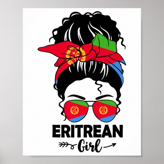 Poster Fille érythréenne au chignon désordonné et drapeau (Devant)