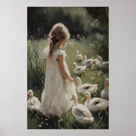 Poster Fille et canards imprimés, Fleur de village de can (Devant)