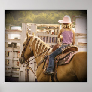 Poster Fille et cheval de course de barils
