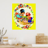 Poster fille et garçon et chaton et chiot (Cuisine)
