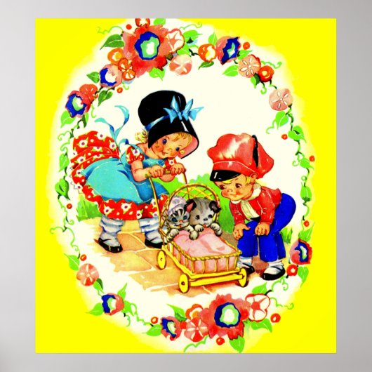 Poster fille et garçon et chaton et chiot (Devant)