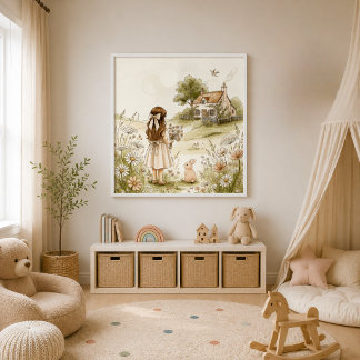 Poster Fille et lapin à l'aquarelle vintage | Cottagecore