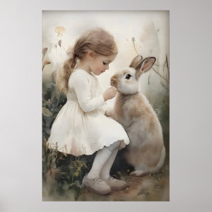 Poster Fille et lapin imprimé Bunny, village de Pâques de