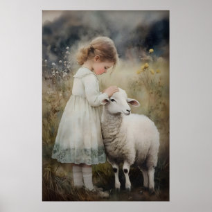 Poster Fille et mouton imprimé, bergère antique agneau